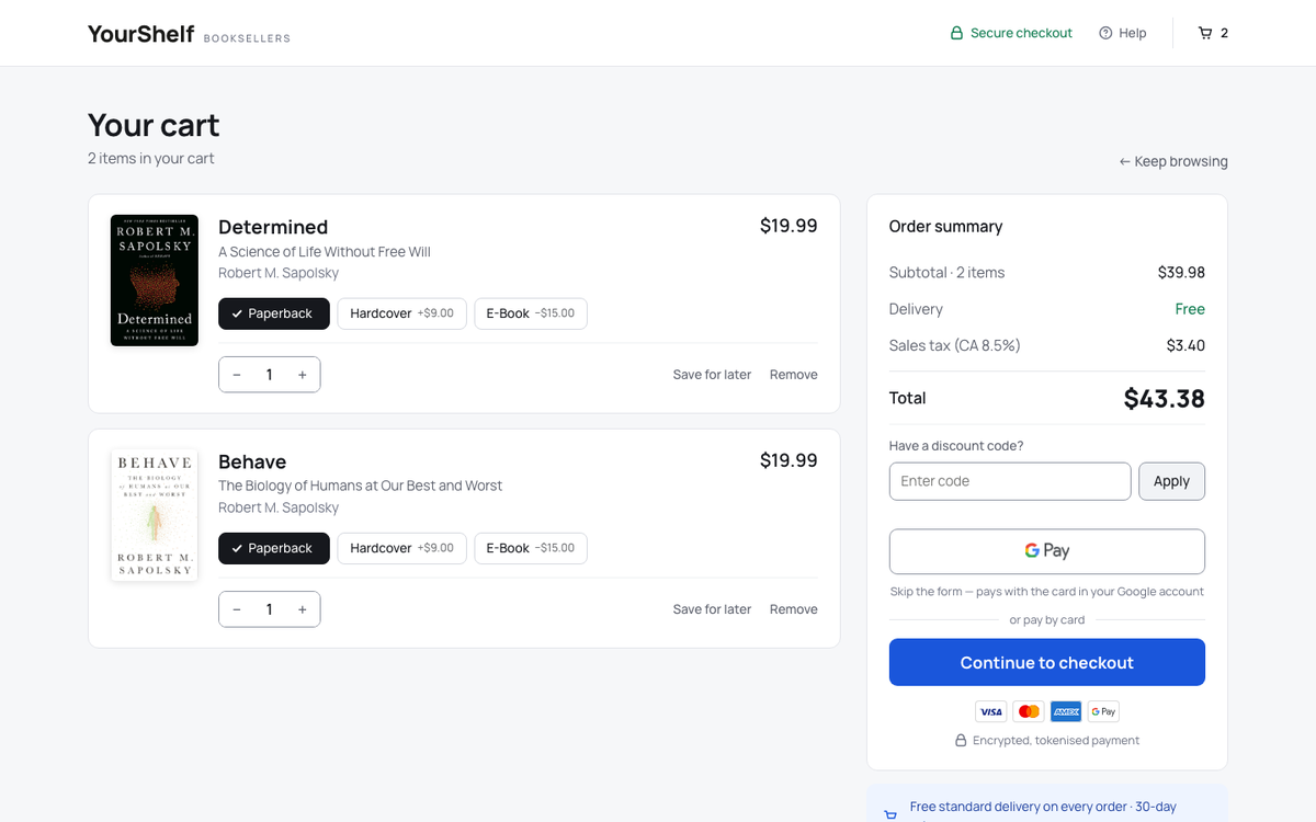 The YourShelf Booksellers checkout: a cart with two books, format switches, and an order summary showing subtotal, delivery, tax and total.
