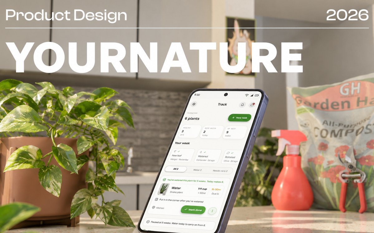The YourNature case study cover: a phone showing the app's plant care screen, standing on a kitchen counter beside a potted monstera.