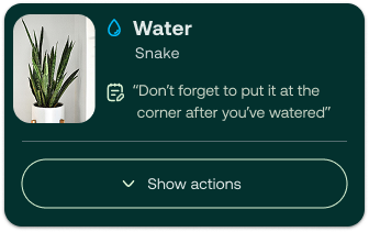 Task card design 2 of 7: a dark card with every action hidden behind a Show actions control.