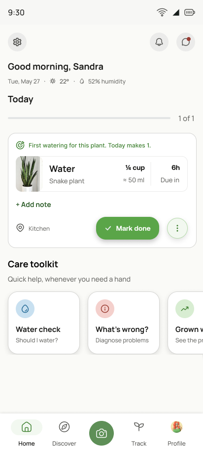The new home screen, signed in: today's task first, then the care toolkit.