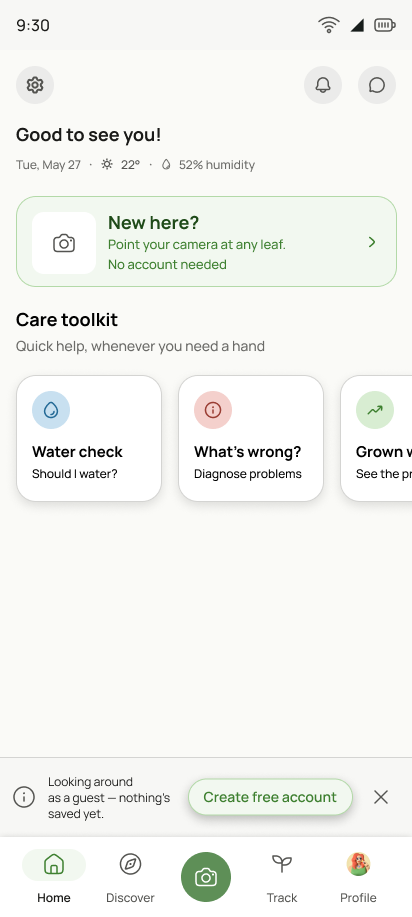 The new home screen as a guest, with the sign-up ask at the bottom.
