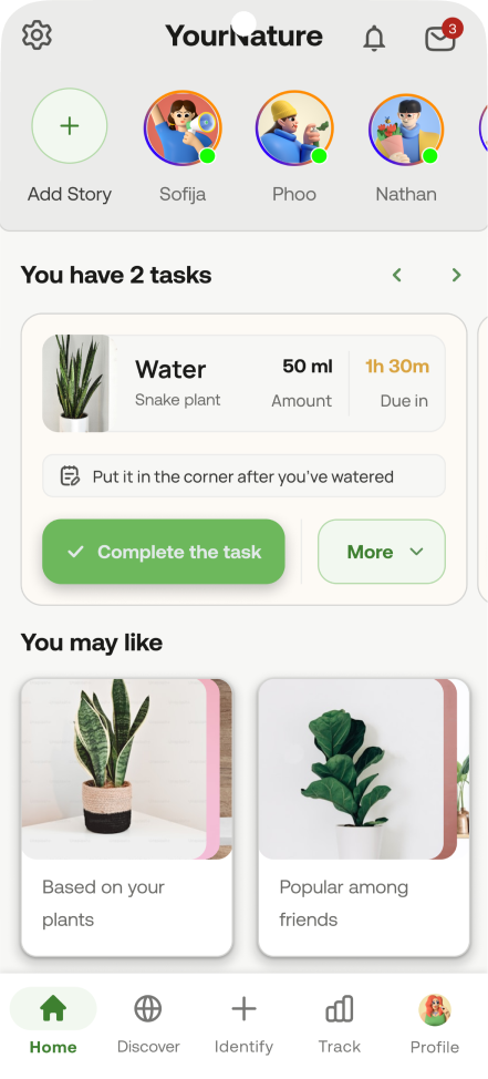 The old home screen: a stories row at the top, tasks below the fold, recommendations under that.