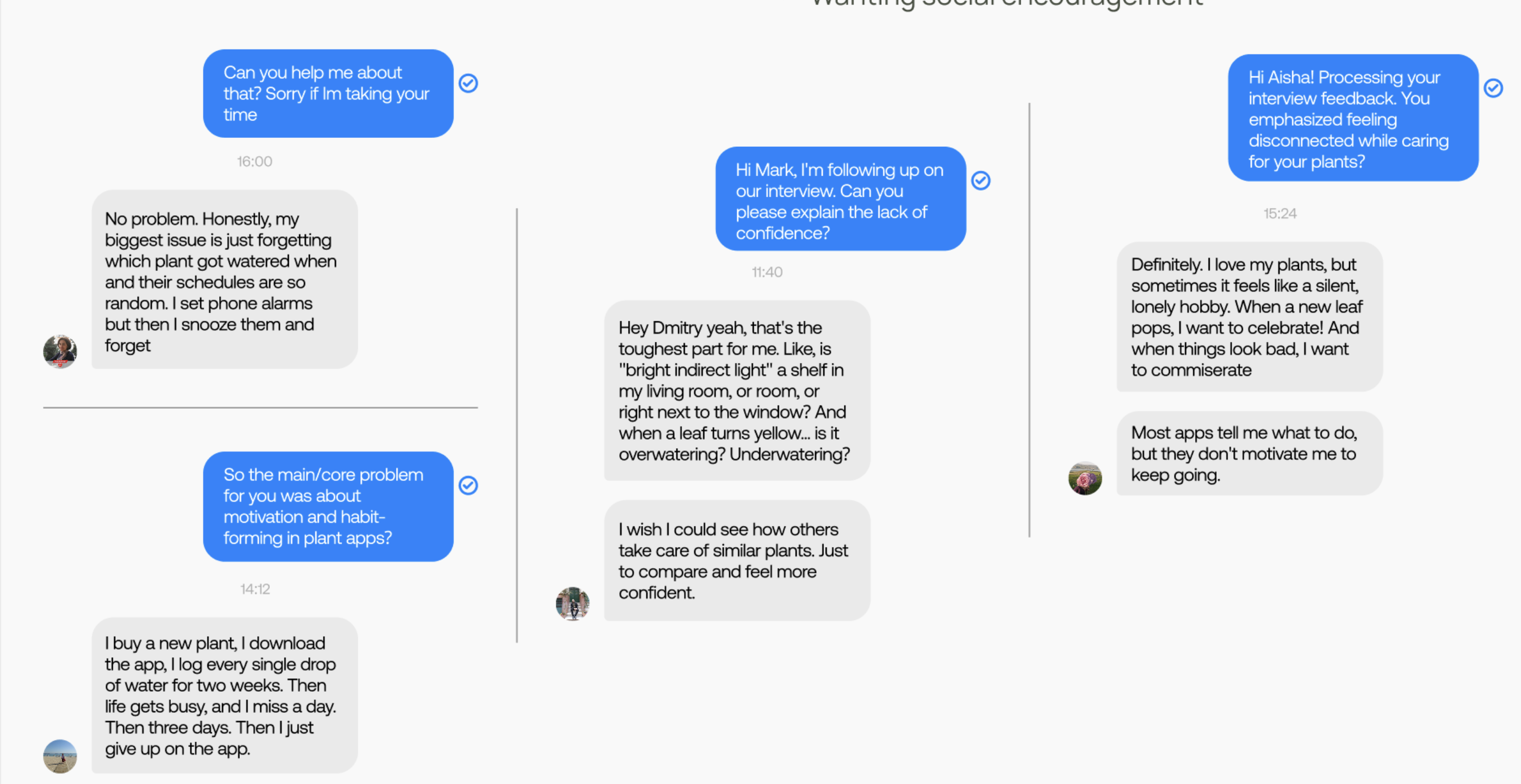 Screenshots of interview chats with plant owners, grouped by theme: random schedules, feeling unsure, and wanting company.