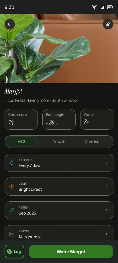 The plant page in dark theme.