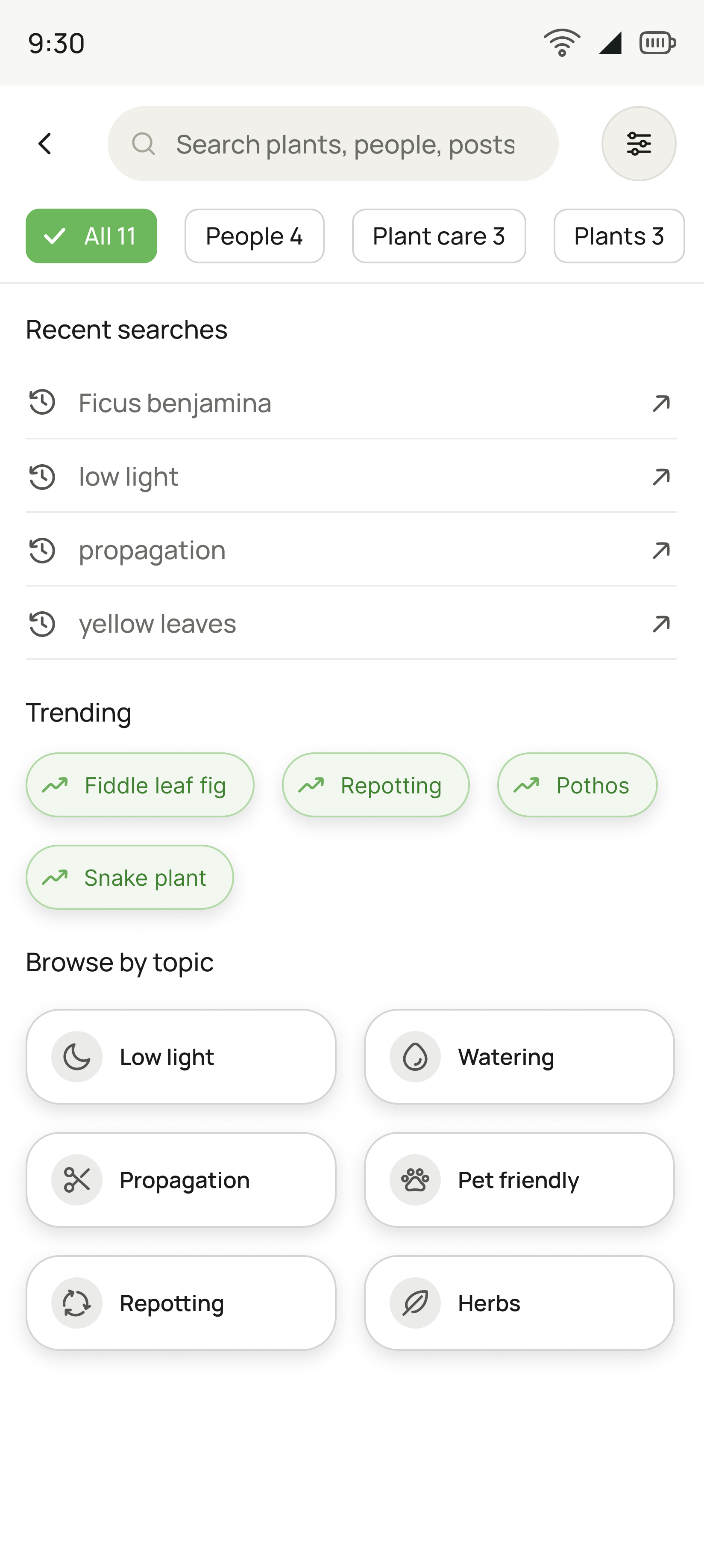 The Discover screen for browsing plant species.