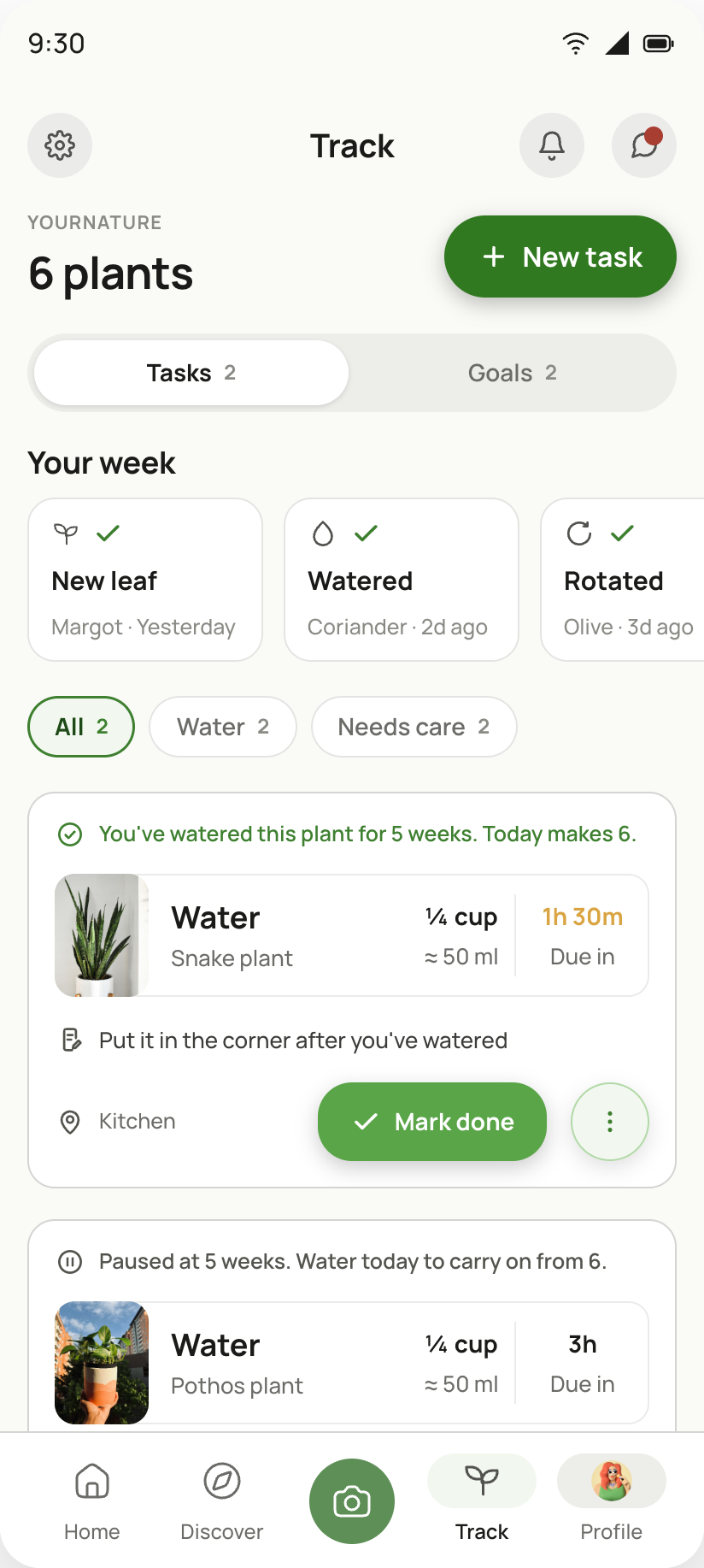The Track screen, listing every task in one place.