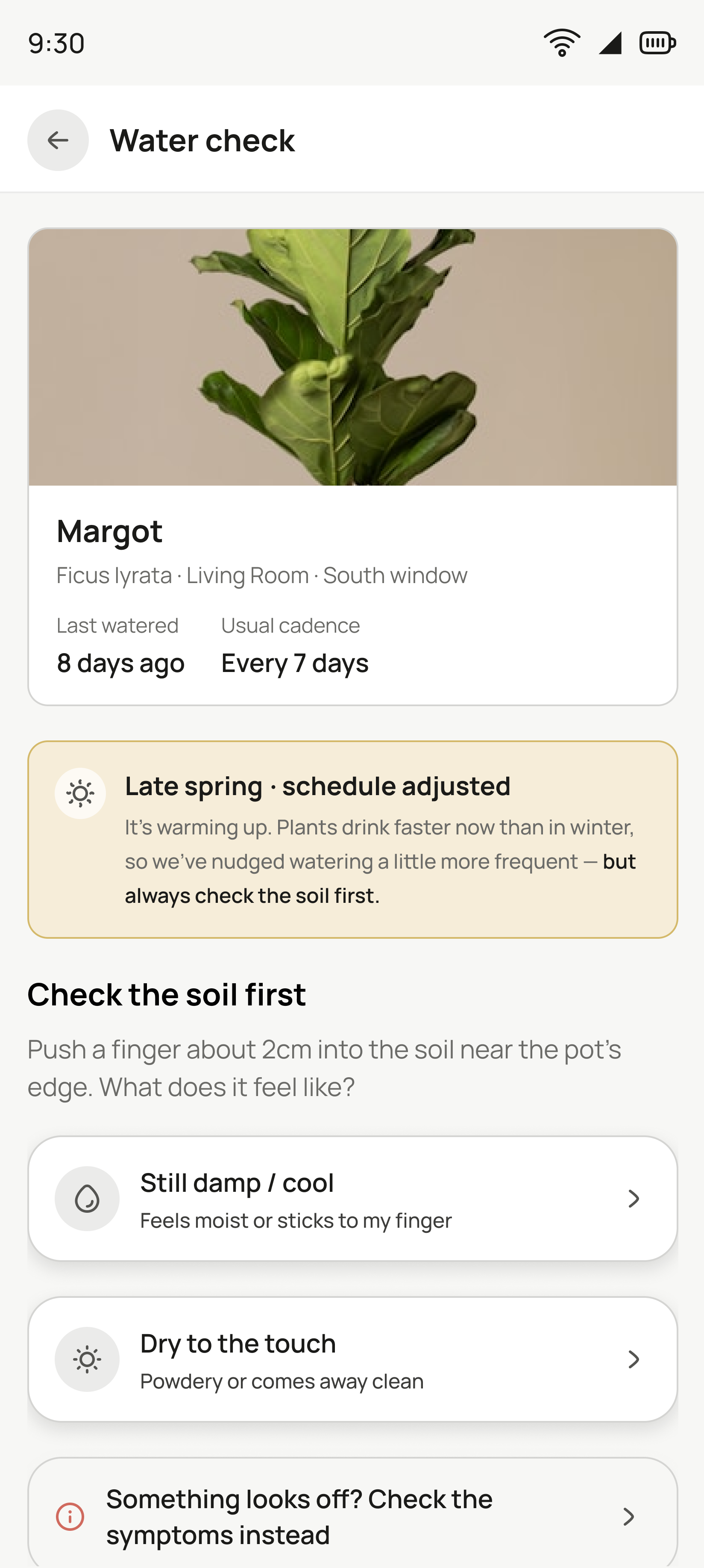 The Water check screen, which asks what the soil feels like before telling you whether to water.